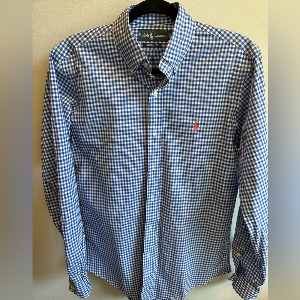 Ralph Lauren Custom Fit button down size small. Blue and white check.